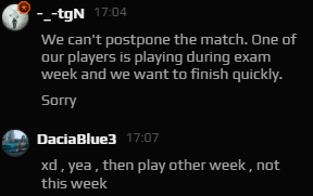 Thank you to <a href="/sangalgg/">Sangal</a>  for the fair play they’ve shown.After we accepted their request to reschedule the match,they decided to hope for a forfeit win instead of playing a fair match. Now,they refuse to accept another reschedule when we actually need it