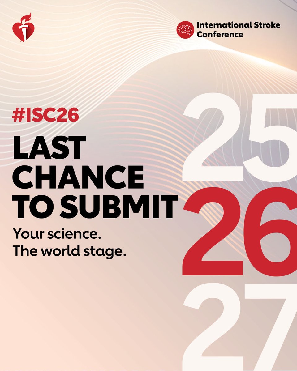 AHAScience's tweet image. 📢 #ISC26 CFA submission deadline extended
 
Your research deserves the spotlight—submit your International Stroke Conference abstract by Oct. 30 at 11:59 p.m. ET.
Don’t miss your chance to share your science on the world stage.
 
ISC26 Chairs: @LaurenHSansing @bijoymenon