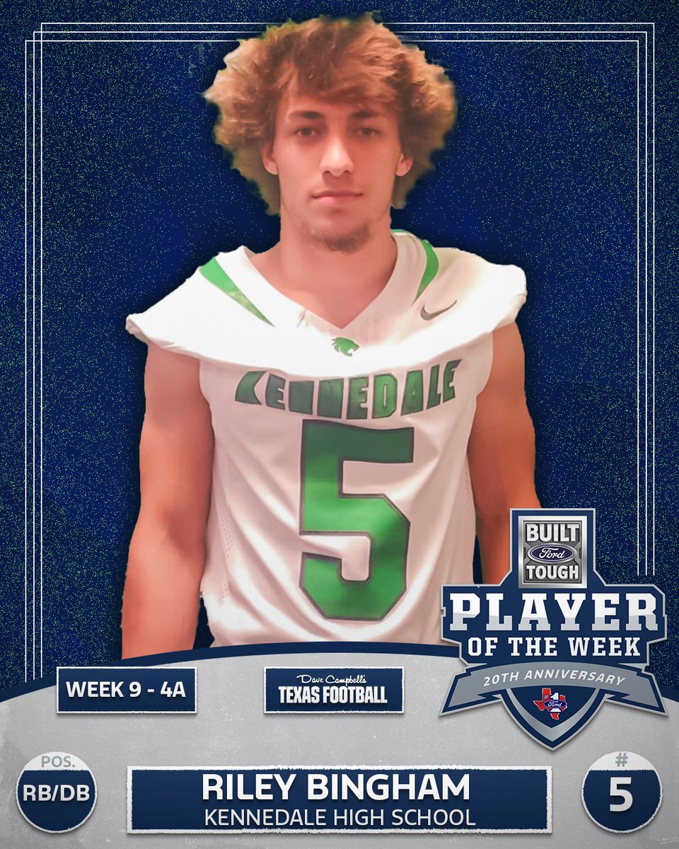 ntxford's tweet image. Week 9 #BFTPOW 4A winner @RileyBingham13 dominated both ways w/ 319 rush yds, 6 TDs, 6 tackles, 2 INTs & 107 ret yds. 💪 The @urkhsprincipal senior RB/DB defines Built Ford Tough football. 🏈🐾
#NTXFord #TXHSFB @dctf @Kennedale_ISD @SouthwestFordG