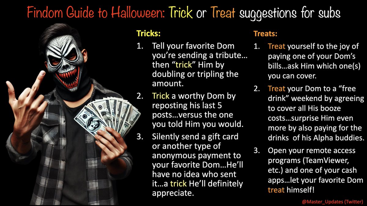 Halloween and Tax Day are Friday, October 31.🎃👻🤑
Here are a few "Trick or Treat" ideas to get you started!  

What tricks or treats would others add?
