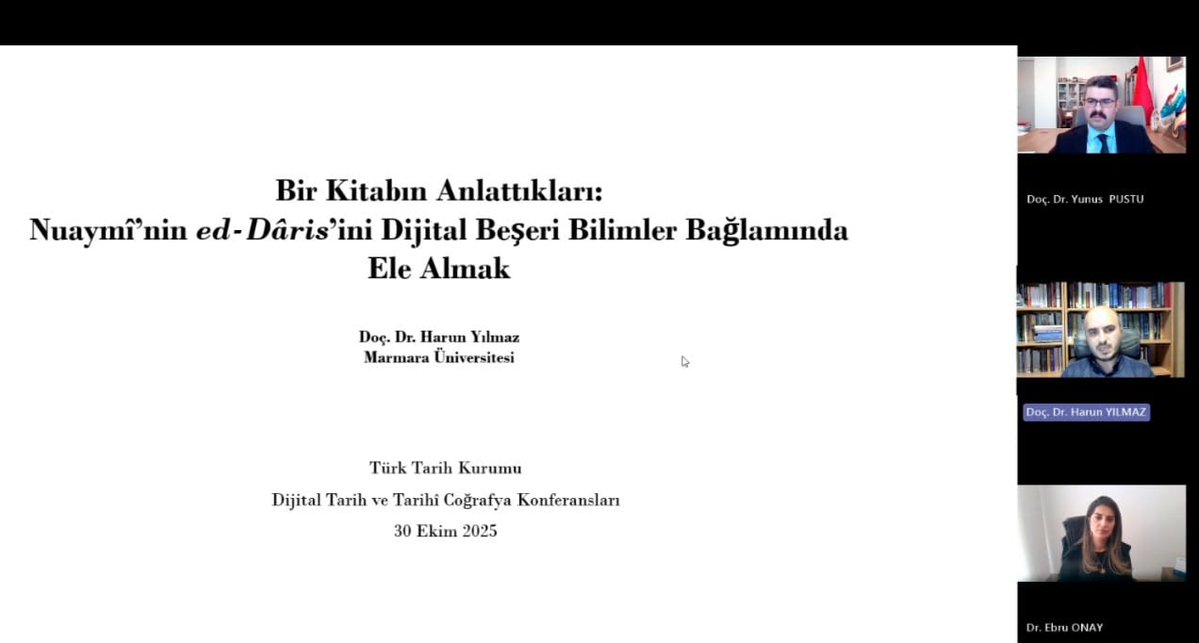 ttkgovtr's tweet image. Çevrim içi gerçekleştirilen Dijital Tarih ve Tarihî Coğrafya Konferanslarımızın yedinci konuğu “Bir Kitabın Anlattıkları: Nuaymî’nin ed-Dâris’ini Dijital Beşeri Bilimler Bağlamında Ele Almak” başlıklı konuşmasıyla Doç. Dr. Harun Yılmaz oldu.
#DijitalTarih 
#TarihiCoğrafya