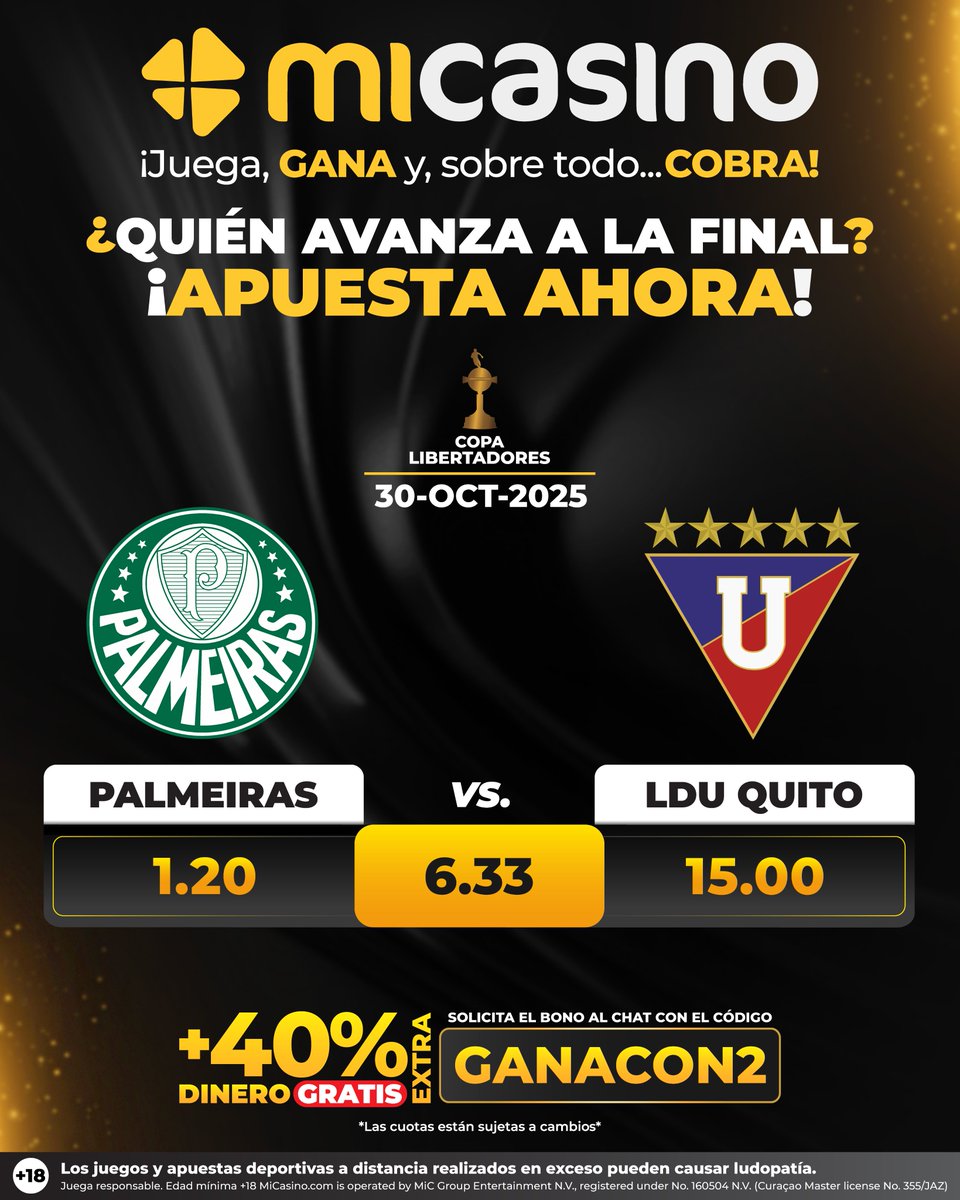 Palmeiras 🆚 LDU Quito. 🇧🇷 🇪🇨

La misión es clara: levantar un 3-0 en contra para seguir vivos en la #Libertadores. 🔥

💰 Usa el código GANACON2 y llévate +40% EXTRA + UNA APUESTA GRATIS si tu equipo anota 2, pero pierde 😱

🤑 ¡Regístrate y GANA! 👉🏻 bit.ly/4n3Ga4k