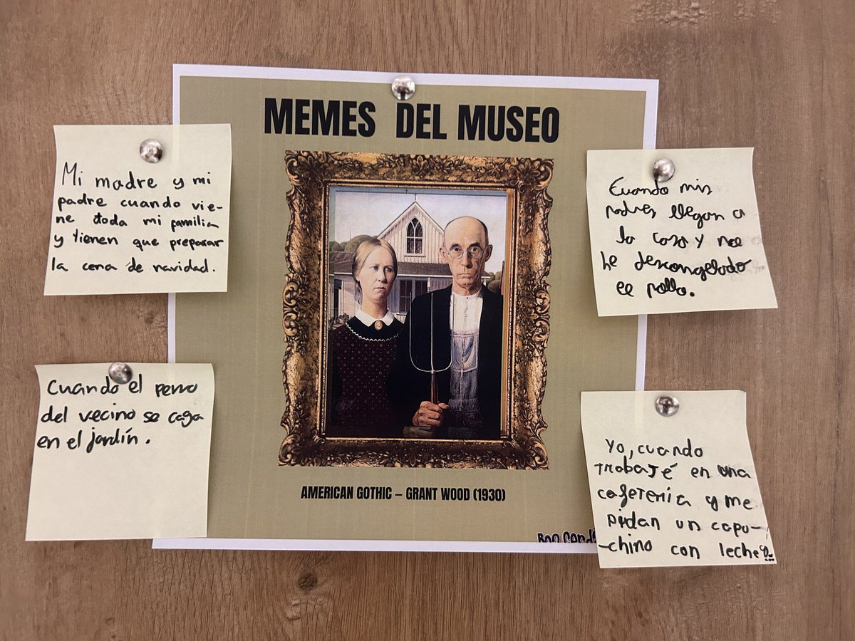 Cada alumno y alumna ha observado una obra proyectada en clase y ha creado un meme inspirado en ella: una frase ingeniosa, divertida o sorprendente que conecte con la imagen.

Las creaciones más divertidas ya están expuestas en nuestro mural del aula 🖍️