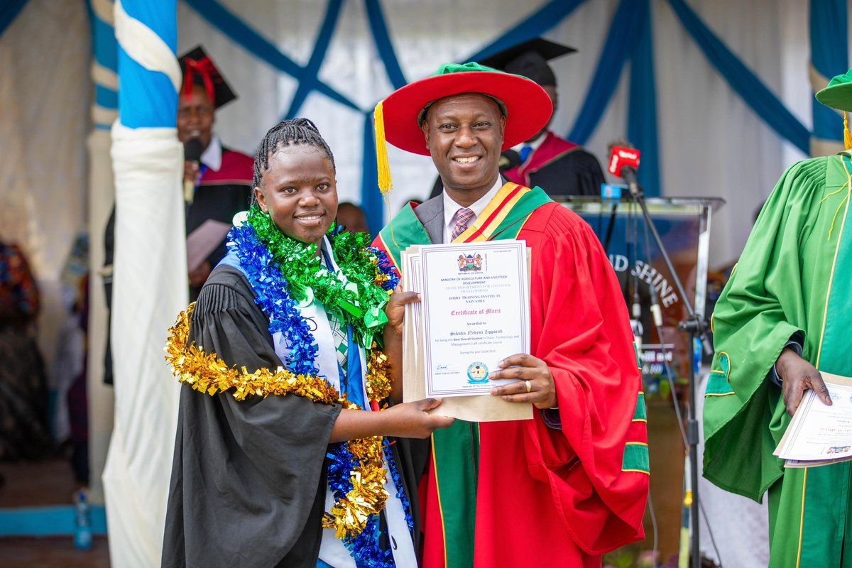 jmueke's tweet photo. Today we celebrated the 69th Graduation Ceremony of the Dairy Training Institute — a proud moment for our livestock sector.

These graduates are stepping into the field as skilled professionals whose knowledge will drive better animal feeding, breeding, hygiene, and milk quality across the country. 

I encouraged them to use their training to strengthen our dairy industry, improve farmer incomes, and secure the nutrition of our nation.

Congratulations to the new generation of dairy champions — your journey to transform Kenya’s dairy sector begins today.