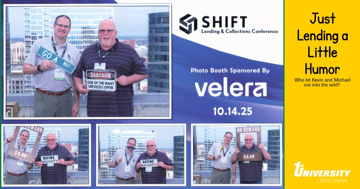 1UniversityCU's tweet image. 📸Just Lending a Little Humor (Who let Kevin and Michael out into the wild?)
#TBT to when these two brought the laughs to the #SHIFTConference! Thanks to #CornerstoneLeague for hosting a great event &amp;amp; to Velera for the photo booth memories! #HelpingYouDoLife #1stUniversityCU