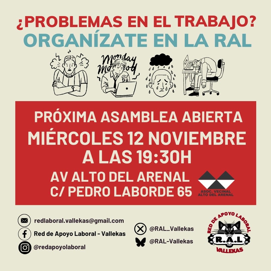 No te pierdas nuestras próximas asambleas!! 💪

➡️ ASAMBLEA DE CASOS: El 5 de noviembre, a las 19:30h en La Villana de Vallekas.
➡️ ASAMBLEA ABIERTA (DE GESTIÓN DEL COLECTIVO): El 12 de noviembre, a las 19:30h en la AV Alto del Arenal.

✊ SOLX NO PUEDES, CON TU GENTE SÍ!! ✊