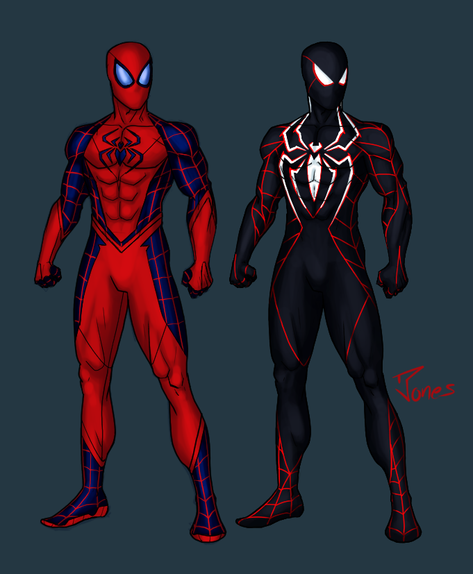 Regular Spider-Man with the symbiote version