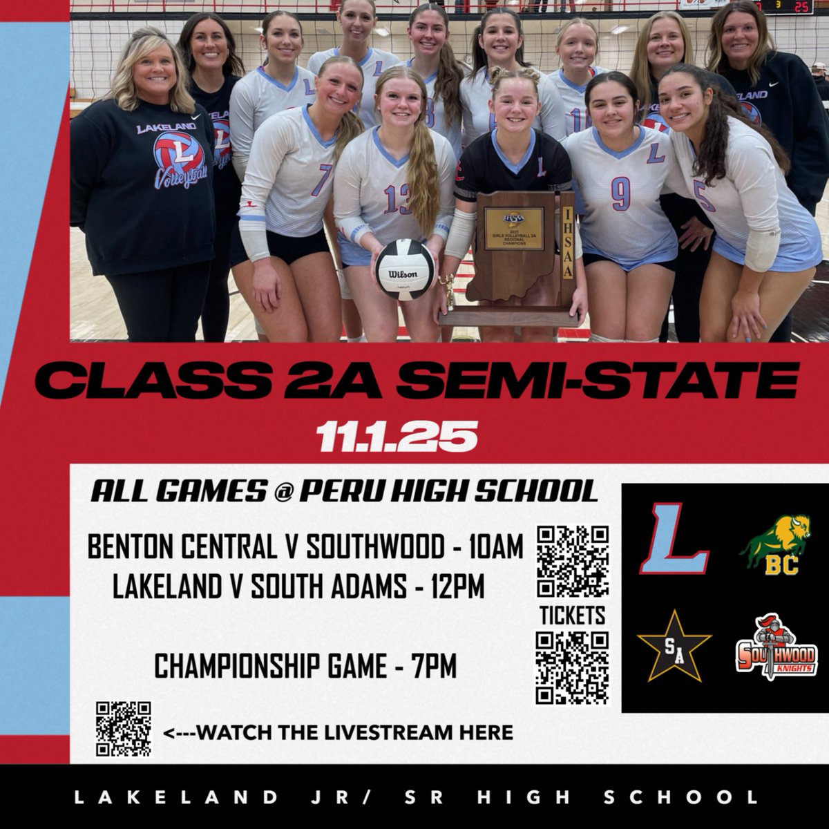 📣🏐For the first time in Lakeland history our Lady Lakers will play in a Semi-State match! Come out and cheer them on at Peru High School Saturday, November 1st. Their semi-final game begins at 12pm against South Adams. When they win they will play in the final game at 7pm. 🤞
