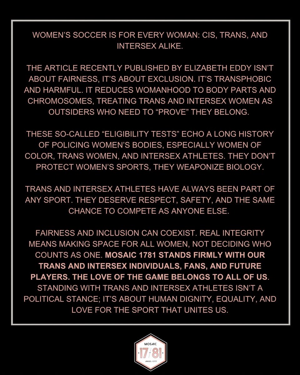We call on <a href="/weareangelcity/">Angel City FC</a> to be clear in the steps they are taking to ensure a safe and inclusive space for ALL players and to directly address the hateful rhetoric recently published by Elizabeth Eddy.

#AngelCityFC #NWSL