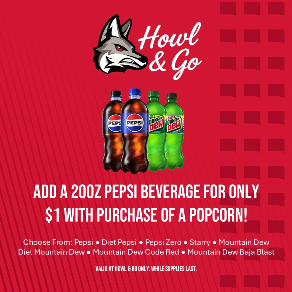 Check out these Howl &amp; Go exclusive deals at Saturday's <a href="/SDCoyotesFB/">South Dakota Football</a> game! Both discounts are available only at the east Dome concourse grab and go concessions area.

🍿 $1 Soda with purchase of a Popcorn
🌭 Free Soda with purchase of a Dome Dog and Popcorn

#GoYotes