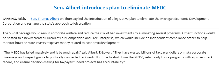 CraigDMauger's tweet photo. State Sen. Thomas Albert (R) with a ***53-bill *** package to eliminate the Michigan Economic Development Corp. https://t.co/lWqeUjMkhh