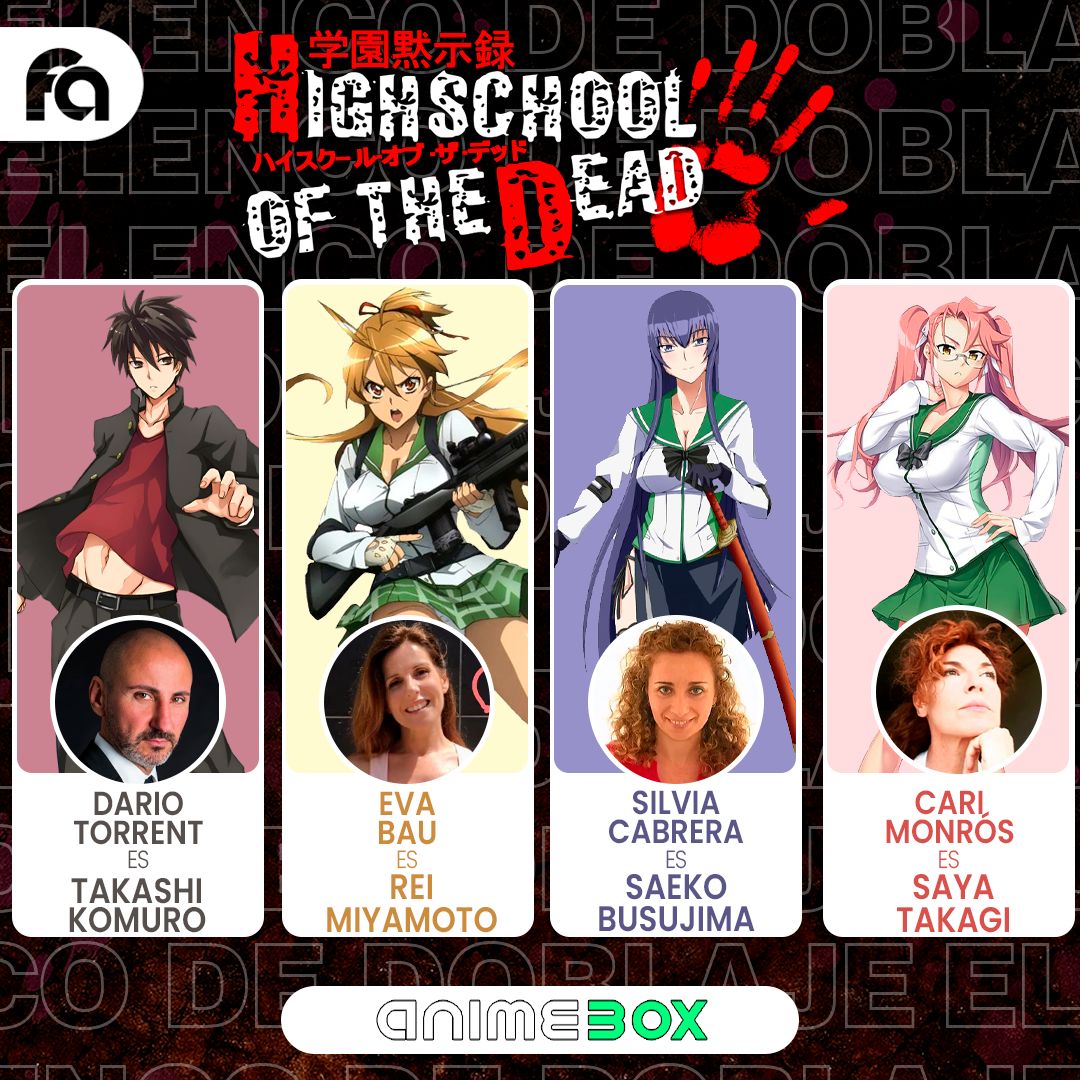 funianime's tweet image. [ ESPAÑA 🇪🇸 ]

La plataforma AnimeBOX lanzó un doblaje de High School of the Dead.. ¡y esta vez no fue hecho por IA!

🎙 Dario Torrent como Takashi Komuro.
🎙 Eva Bau como Rei Miyamoto.
🎙 Silvia Cabrera como Saeko Busujima.
🎙 Cari Monrós como Saya Takagi.

  #Doblaje #Anime