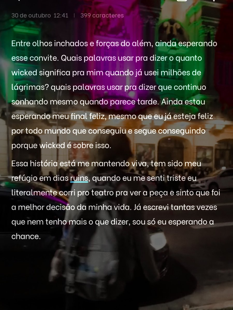 whatifjey's tweet photo. Já são 4 dias tentando… e ainda tô aqui.
Já chorei, já sorri vendo outras pessoas sendo chamadas (porque é impossível não se emocionar vendo tudo isso acontecer 🥹).
Mas, enquanto houver uma chance, eu não quero desistir. 
@wickedmusicalbr @UniversalPicsBr #EuNaPremiereDeWicked https://t.co/9ZZs0mR5GY