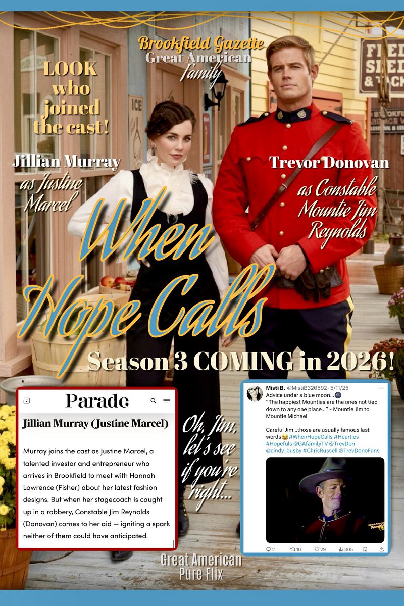 🇨🇦🐴LOOK who joined the cast of #WhenHopeCalls season 3 COMING 2026 <a href="/GAfamilyTV/">Great American Family</a> &amp; <a href="/PureFlix/">Pure Flix</a> -  <a href="/JillianMurray/">jillian murray</a>! Can Justine Marcel (Murray) sway Mountie Jim’s (<a href="/TrevDon/">Trevor Donovan</a>) firm belief that love has NO place in the life of a dedicated Mountie?🤔Get ready #Hearties #hopefuls #DonoFANS