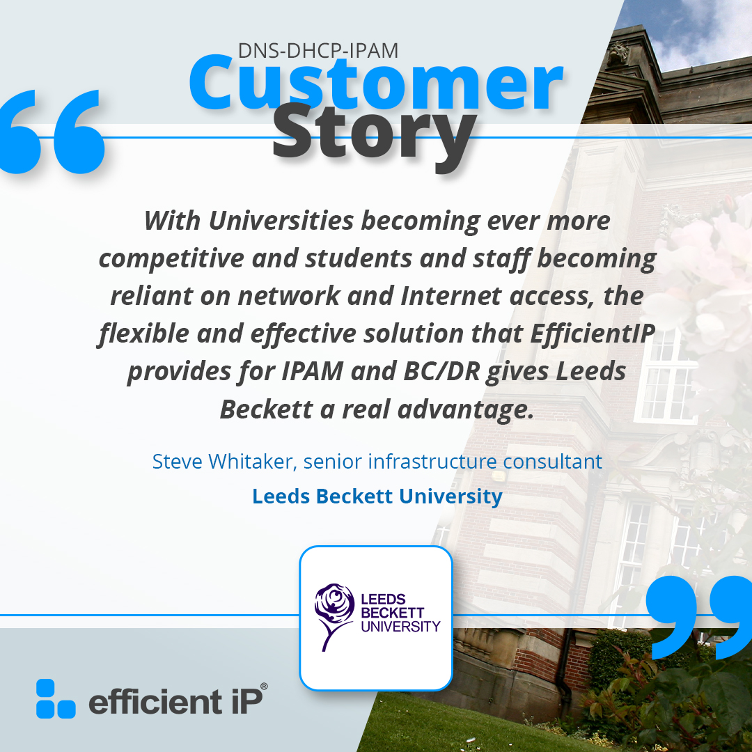 efficientipesp's tweet image. Leeds Beckett transformó su red heredada y se preparó para #IPv6 con EfficientIP SOLIDserver DDI: despliegue en 3 semanas, LAN en &amp;lt;5 min y control total de IPAM. 🚀 

🔗 Descubre la historia completa: 
ow.ly/gsg650X7M8r