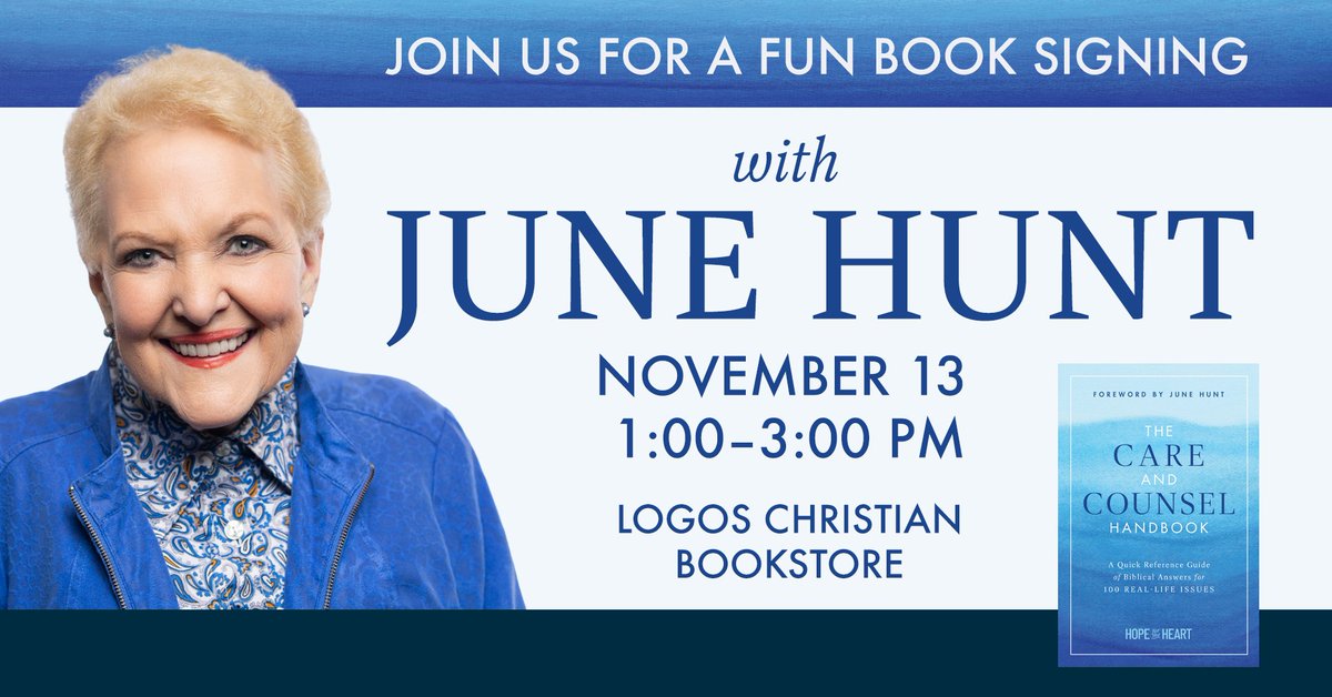 JuneHuntHope's tweet image. Exciting news! Meet June Hunt at Logos Christian Bookstore for a special signing of the Care and Counsel Handbook on November 13th from 1–3pm 📖

We hope to see you there!
