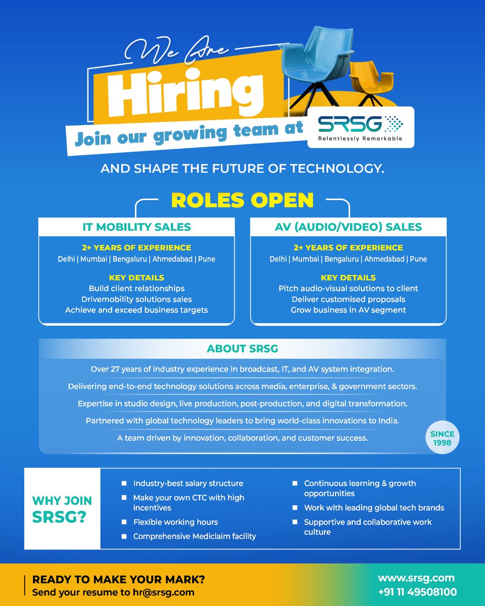 🚀 We’re growing!

Join SRSG in reshaping the future of Broadcast, IT, &amp; AV technology.

💼 Roles: IT Mobility &amp; AV Sales

📩 hr@srsg.com | 🌐 srsg.com
...
#WeAreHiring #SRSG #TechCareers