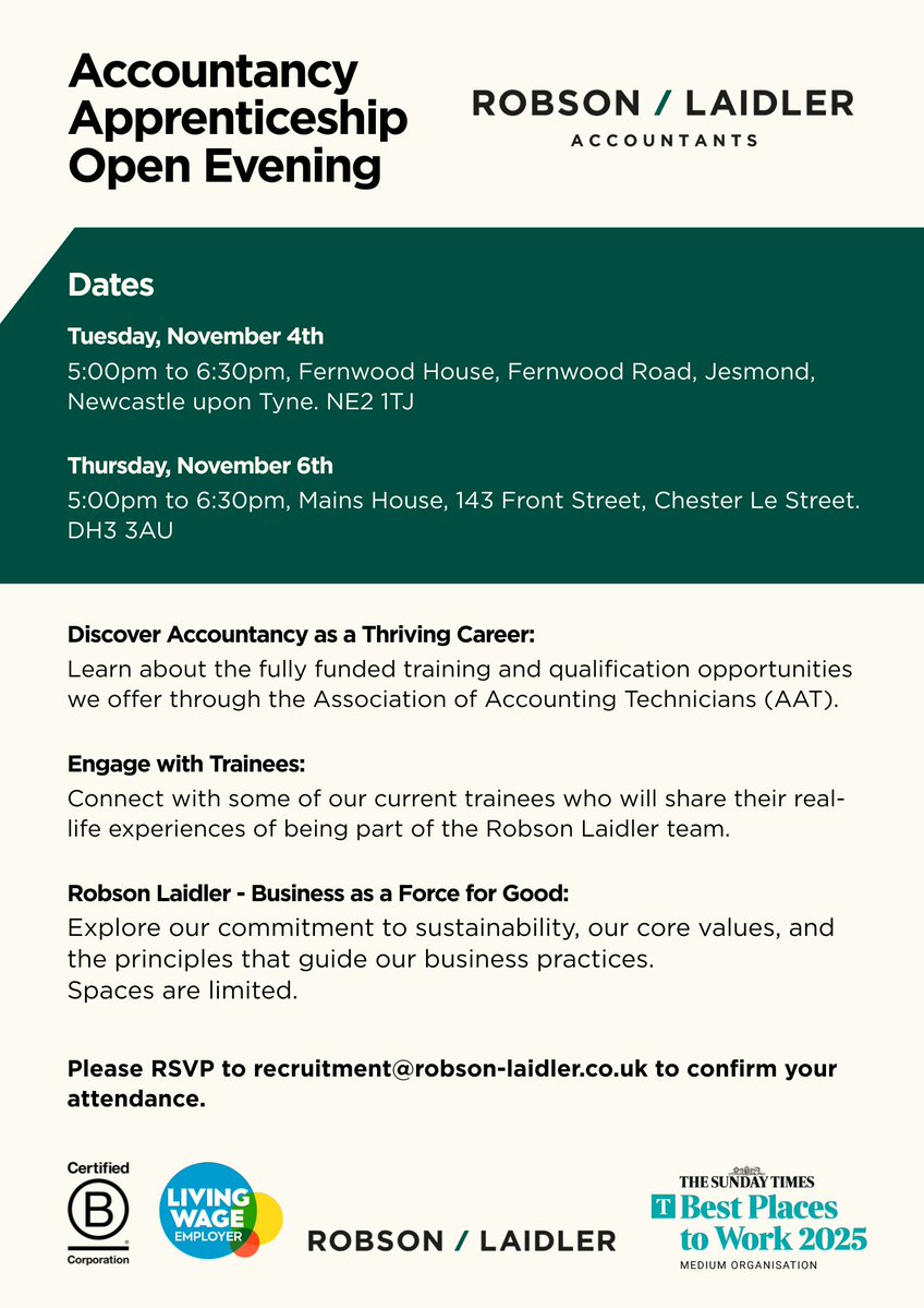 If you’re looking to kickstart your accountancy career, we'd love to see you at one of our apprenticeship open evenings next week!

RSVP to recruitment@robson-laidler.co.uk