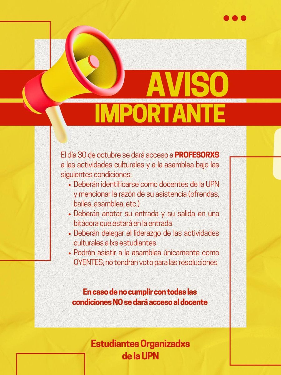 upninforma's tweet photo. #UPNinforma recuerden que todas las actividades están siendo coordinadas únicamente por y para estudiantes. En esta ocasión podrán entrar lxs docentes, siempre que cumplan con estos requisitos. https://t.co/tNZNubxfFY