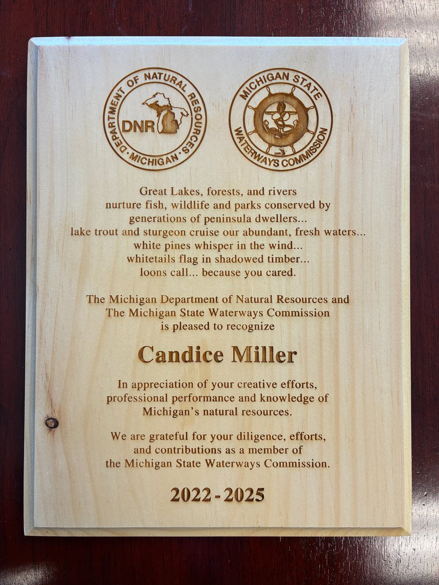 Commissioner Miller was honored for her work on the Michigan State Waterways Commission. “It was my honor to serve on this important panel that prioritizes investment in recreational harbors which are an important part of Michigan’s infrastructure, tourism and the economy.”