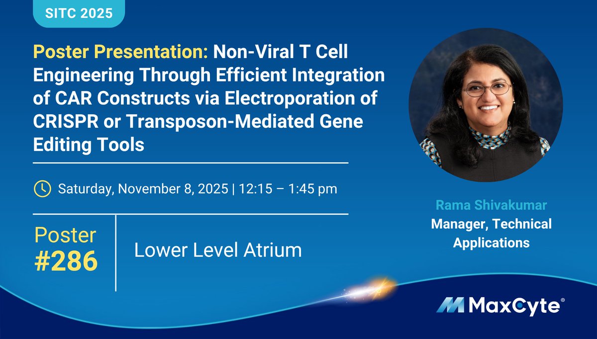 Next week at #SITC2025:

MaxCyte’s Rama Shivakumar will present a poster on advancing non-viral T cell engineering through efficient CAR construct integration using Flow Electroporation® technology.

📅 Nov 8 | Abstract #286 | Lower Atrium

bit.ly/4ooU2Ya