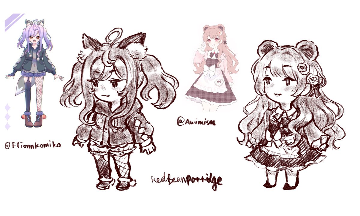 some chibi practice sketches of <a href="/FfionnKomiko/">Komiko 🐾 VTuber</a> and <a href="/awimisu/">awi 🤎</a>