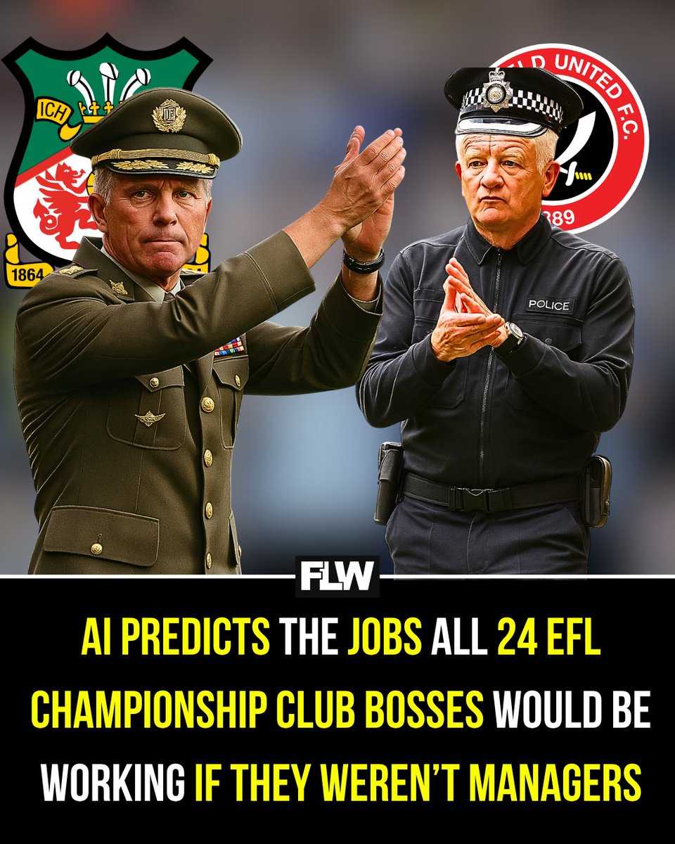 FootballLeagueW's tweet photo. Chris Wilder = Police Officer 👮
Chris Davies = University Lecturer 👨‍🎓

𝐀𝐈 𝐡𝐚𝐬 𝐩𝐫𝐞𝐝𝐢𝐜𝐭𝐞𝐝 the jobs all 24 EFL Championship club bosses would be working 𝐢𝐟 𝐭𝐡𝐞𝐲 𝐰𝐞𝐫𝐞𝐧’𝐭 𝐦𝐚𝐧𝐚𝐠𝐞𝐫𝐬 👀

Full list here 👉 https://t.co/YvCWKM6qA2 https://t.co/kXpIzXpLbZ