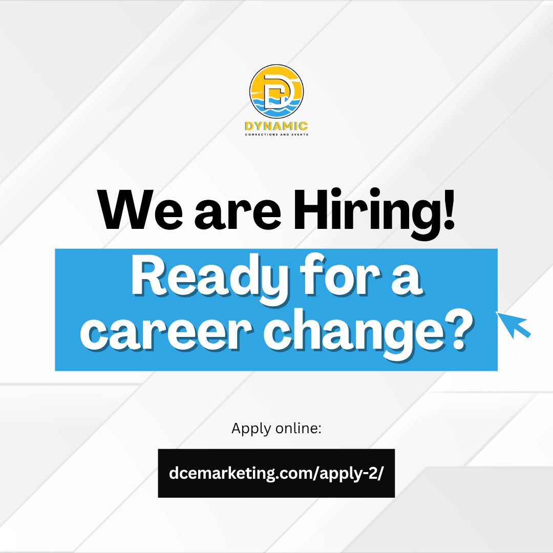 Dynamicconevent's tweet image. We’re Hiring!
Ready to level up your career? Join a team that values growth, innovation, and impact. Apply today and start your next chapter with us!
dcemarketing.com/apply-2/
#wearehiring #careeropportunity #joinourteam #dcemarketing #dynamicconnectionsandevents #hiring #nowhiring
