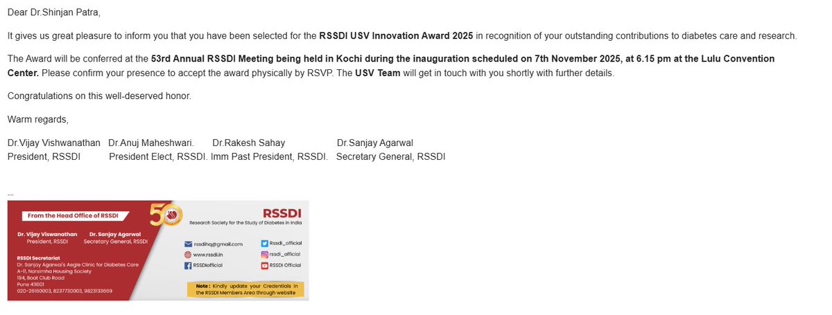 Delighted to be one of the recipients of the RSSDI Innovation Award 2025 for contributions to Diabetes in clinical and research care. Diabetes is the most significant pandemic in our country, and we are working tirelessly to improve the quality of life in patients with #Diabetes.
