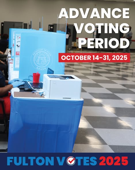 BobEllisFulton's tweet image. A reminder that tomorrow -- Friday, October 31 -- is the FINAL day to vote early for the November 4 election. Hours are today until 6  pm and Friday, 9 am to 6 pm. You can cast your ballot at any of the 24 sites in #fultoncounty. Find a location near you: fultoncountyga.gov/voteearly