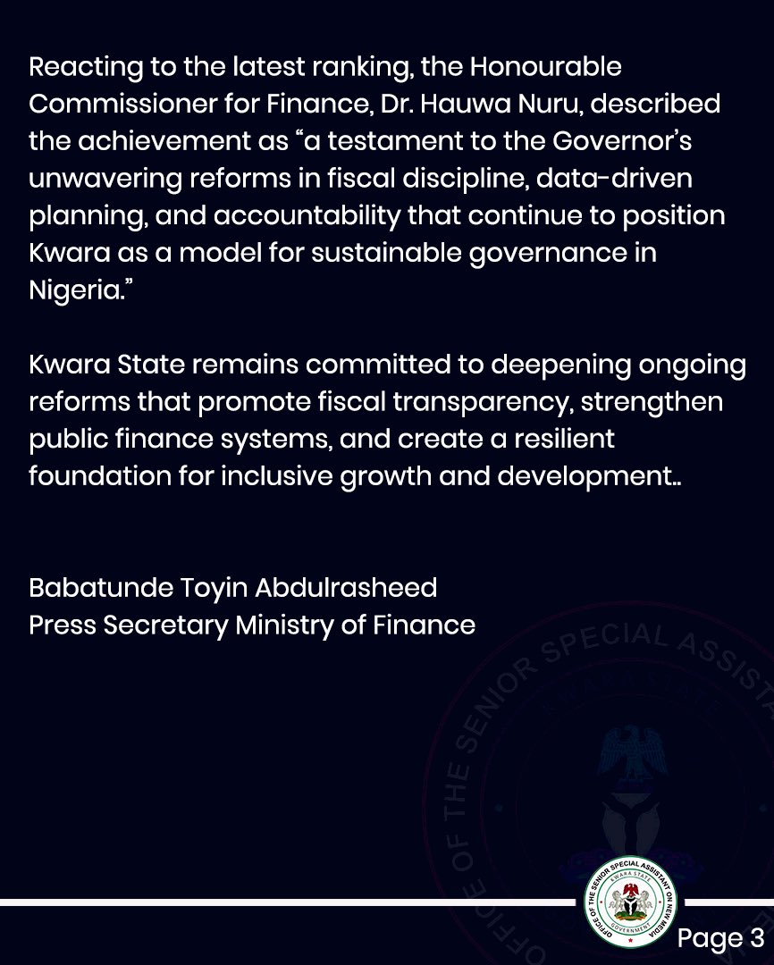 Kwara State has recorded yet another milestone in fiscal governance, emerging as the 3rd best-performing state in Nigeria in the 2025 State of States Fiscal Performance Ranking released by <a href="/BudgITng/">BudgIT Nigeria</a>.