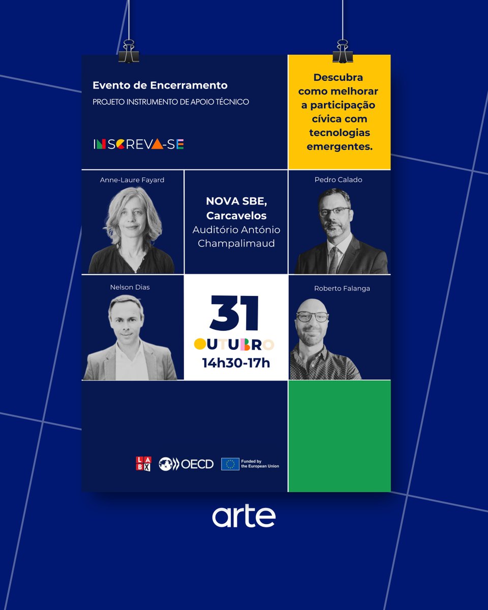 arte_gov_pt's tweet image. 🔔 LAST CALL para o evento de encerramento do projeto TSI “Melhorar a participação cívica com tecnologias emergentes”.

📍@NovaSBE
🕒 14h30 – 17h00

🔗Inscreva-se já e junte-se à conversa sobre o futuro da cidadania digital: lnkd.in/dvFc2C28.

#ARTEGov #LABX #PRR