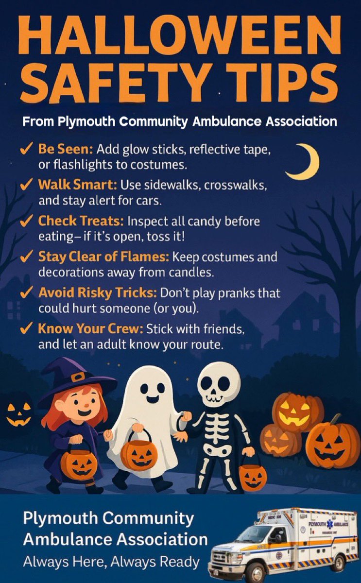 medic308's tweet image. 🚑 Halloween Safety Tips For Trick OrTreating from #PCAA 👻 Add glowsticks, reflective tape, flashlights to costumes. Use sidewalks, crosswalks &amp;amp; stay alert for cars. Inspect candy. Stay away from flames. Don’t play pranks. Stay w/friends &amp;amp; tell adult routes. Have Fun/Stay Safe