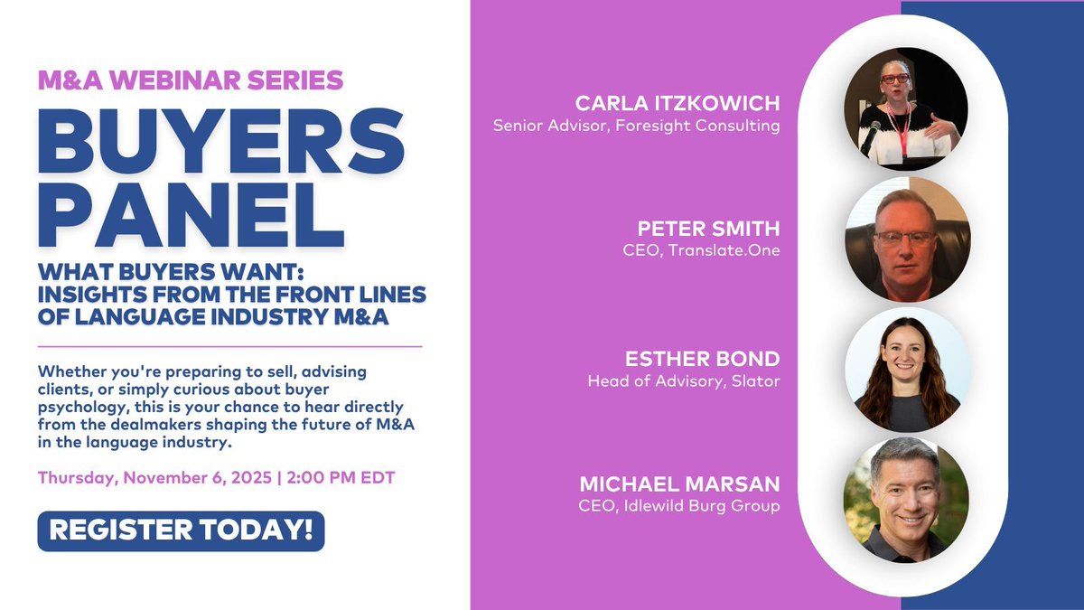 ALC_US's tweet image. 💡 Find out what buyers want from a panel of powerhouse buyers who’ve led major transactions in the #languageindustry. 

Join us on Thursday, November 6th, at 2:00PM EST for the next installment of our M&amp;amp;A webinar series, &quot;The Buyers Panel.&quot; 

Register: alcus.org/events/EventDe…