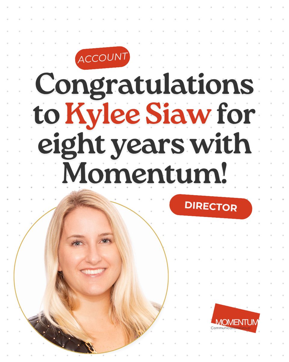 Happy Momentum Anniversary to our incredible Account Director, Kylee Siaw! 🎉

Our team is lucky to have you as a leader, and we're so grateful for your unique perspective and expertise. Here's to many more!

#anniversary #momentum #pr #agency