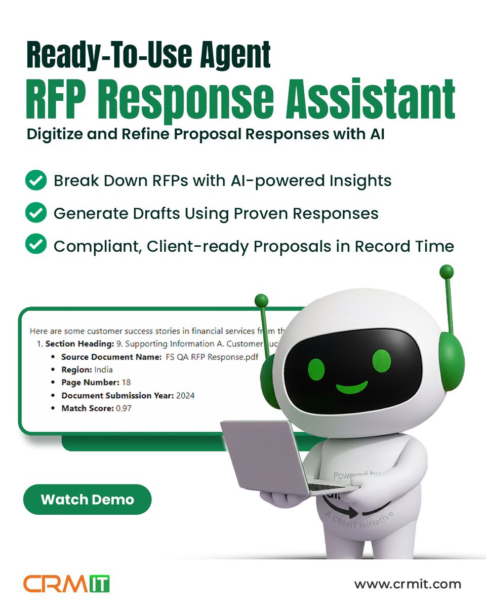 crmitsolutions's tweet image. Say goodbye to RFP chaos.

👋 Our Agentic-AI Assistant reads the RFP, understands what’s needed &amp;amp; drafts the response - fast, smart, effective.

 To Read More 👉 bit.ly/4342dAT

#RFP #AI #Automation #SalesEnablement