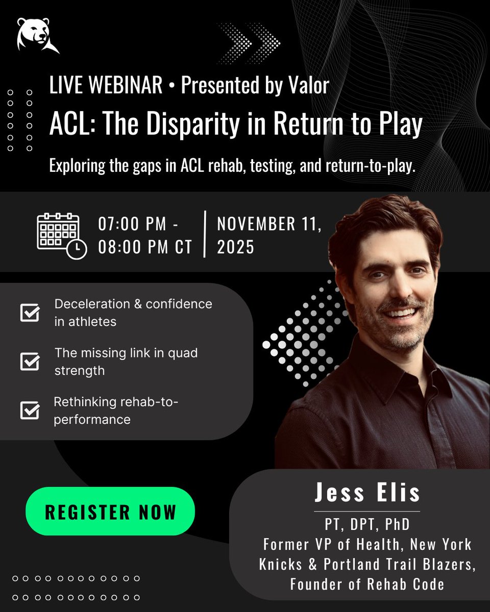 ValorVision_ai's tweet image. LIVE WEBINAR🎙️‼️

Join Valor and Jess Elis, former VP of Health for the NY Knicks &amp;amp; Trail Blazers, and Founder of Rehab Code to break down the real factors behind ACL recovery: strength, deceleration &amp;amp; confidence.

📅 Nov 11 | 7 PM CT
👉 Register at: forms.gle/8V8TgZdEGYzqGd…
