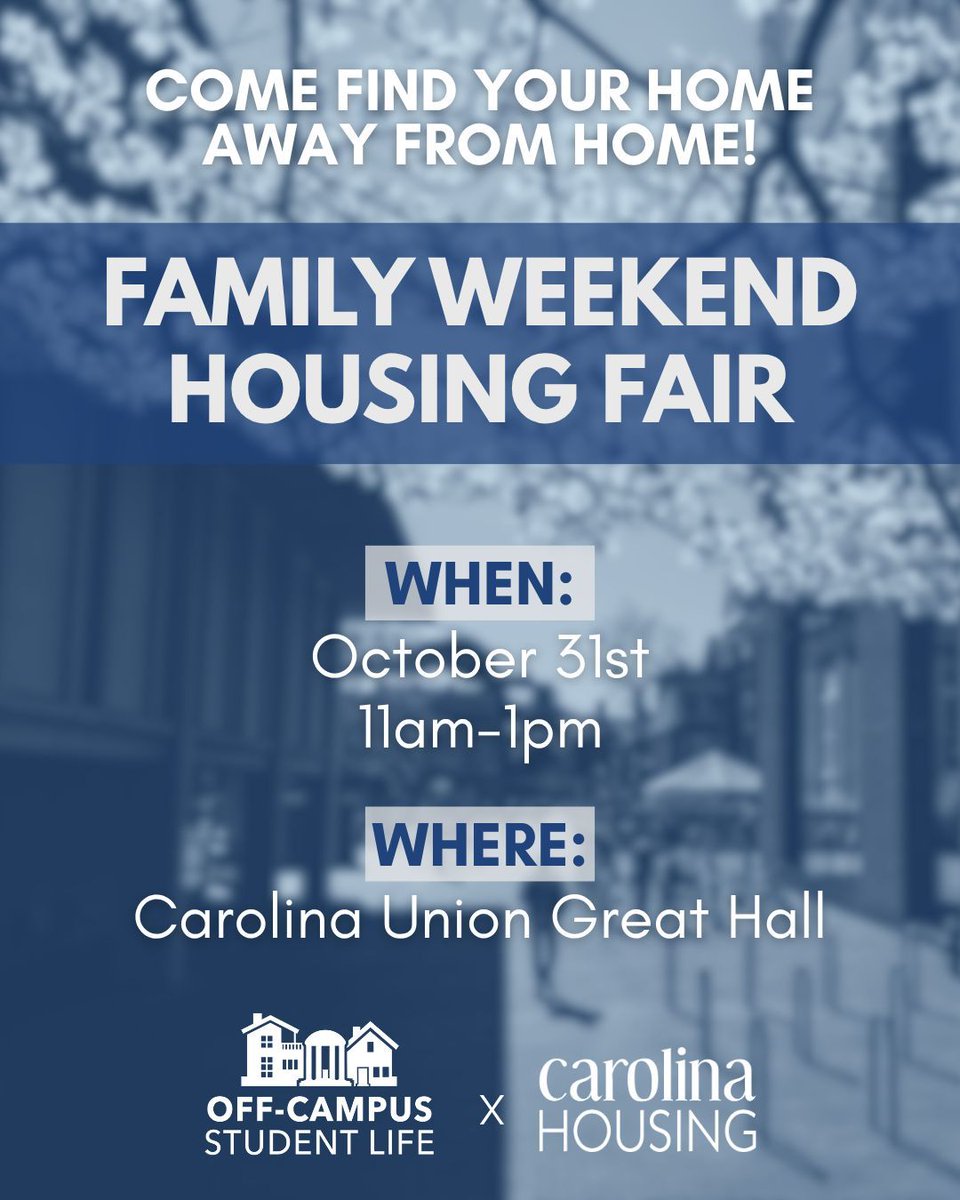 The Off-Campus Housing Fair is tomorrow from 11am-1pm! Stop by The Great Hall at the Carolina Union and learn all about Off-Campus Housing!