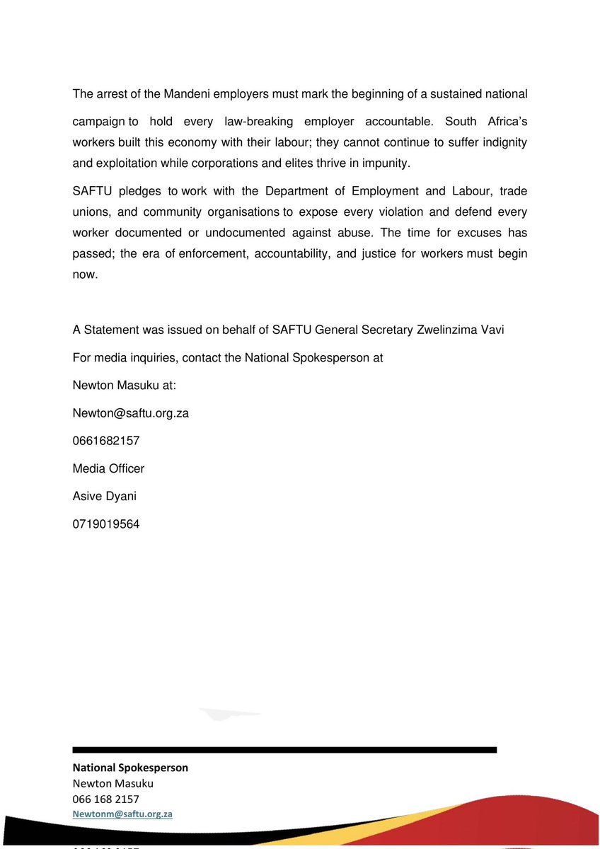 Saftu welcomes the arrest of two employers in the Mandeni and demands nationwide action Labour law violation.... 14 year old child employed...Recent data from the <a href="/deptoflabour/">Department of Employment and Labour</a>... #SAFTU #DepartmentofEmploymentandlabour. #EquilityandLabour