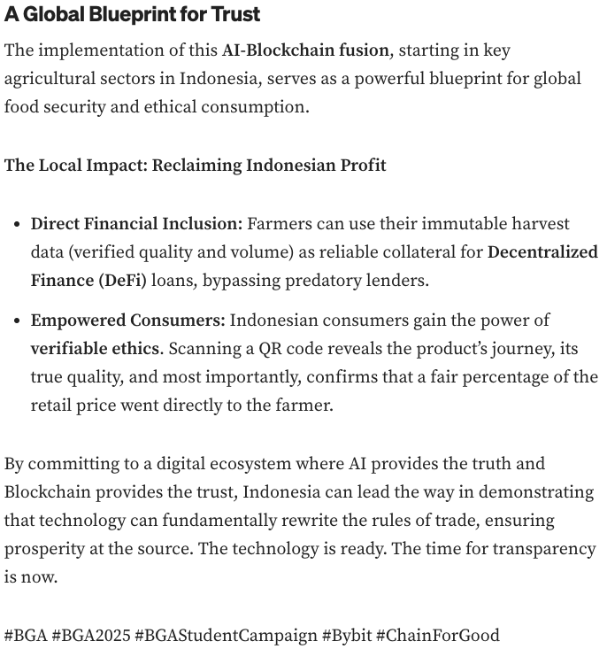 0x74n's tweet photo. Middlemen squeeze Indonesian farmers. Can Blockchain+AI give fair prices and fix our broken supply chain? Check out the full article here: https://t.co/NGIcZv0Crz

This is blockchain, for good. 

#BGA #BGA2025 #BGAStudentCampaign #Bybit #ChainForGood
@ChainforGood
@Bybit_Official https://t.co/LKiK7C1J4A