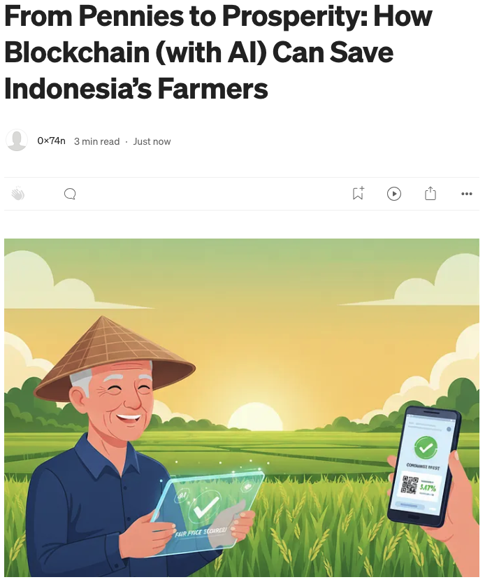 0x74n's tweet photo. Middlemen squeeze Indonesian farmers. Can Blockchain+AI give fair prices and fix our broken supply chain? Check out the full article here: https://t.co/NGIcZv0Crz

This is blockchain, for good. 

#BGA #BGA2025 #BGAStudentCampaign #Bybit #ChainForGood
@ChainforGood
@Bybit_Official https://t.co/LKiK7C1J4A