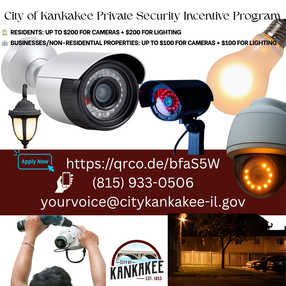 🎥💡 The City of Kankakee Relaunches Private Security Incentive Program!

👉 Learn more and apply at: ecda.citykankakee-il.gov/camera-incenti…

📞 Questions? Call (815) 933-0506 or email yourvoice@citykankakee-il.gov

#Kankakee #CommunitySafety #PublicSafety #KankakeeStrong #ECDA
