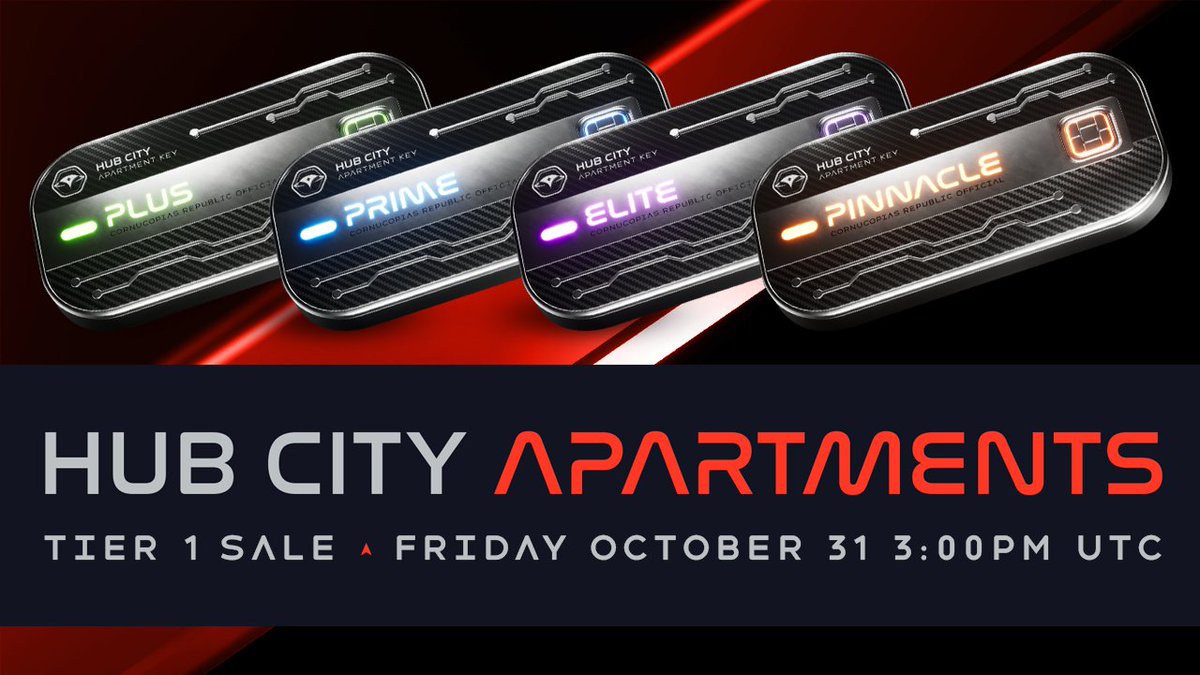 Hub City Apartments Tier 1 Sale goes live Friday, October 31 at 3:00 PM UTC.

Early access pricing starts at $99 (Early Bird)—that’s $50 off the $149 retail price.
Only 2,500 Apartment Keys are available at this tier.

Deck: link.infinityrising.com/hub-city-apart…

1/6🧵