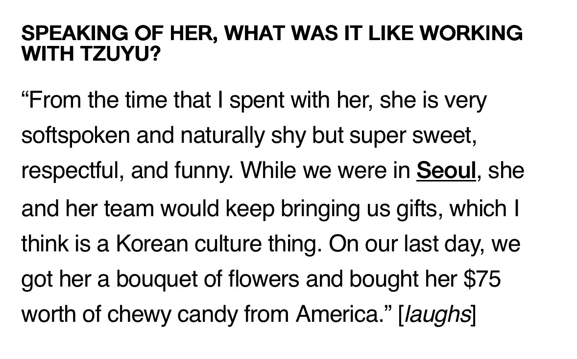 TzuSupportTeam's tweet image. “She sent her vocals and killed it. I was like, this could not be better!”

“For Tzuyu to be so down and cool through this whole process was also really nice.”

Corbyn always speaks so highly of Tzuyu. 🫶🏻
We need more from this duo!

🖇️: buro247.my/culture/music/…