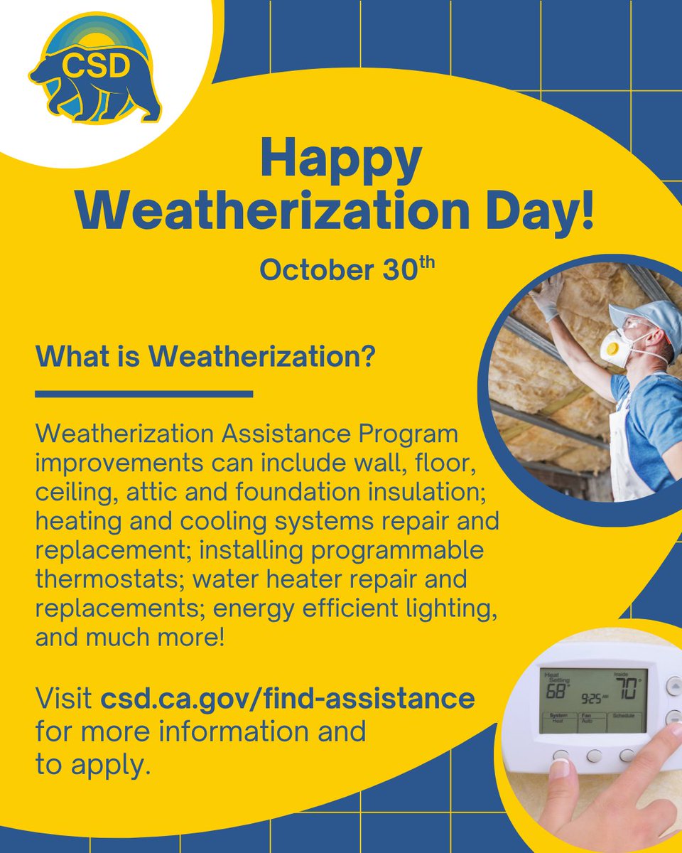 ca_csd's tweet image. Happy Weatherization Day! 
#Weatherization saves low-income families $283 per year on average in energy costs, lowering their #EnergyBurden. What would that mean for YOUR bill? Visit csd.ca.gov/find-assistance for more information about #WAP including how to apply! #WxDayOct2025