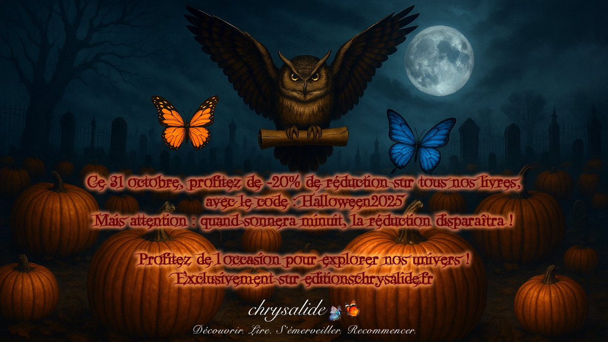 LireChrysalide's tweet image. Ce 31 octobre, profitez de 20% de réduction sur tous nos livres, avec le code: Halloween2025
Mais attention: quand sonnera minuit, la réduction disparaîtra!
Profitez de l’occasion pour explorer nos univers! Exclusivement sur editionschrysalide.fr
#Halloween2025 #bookstagram