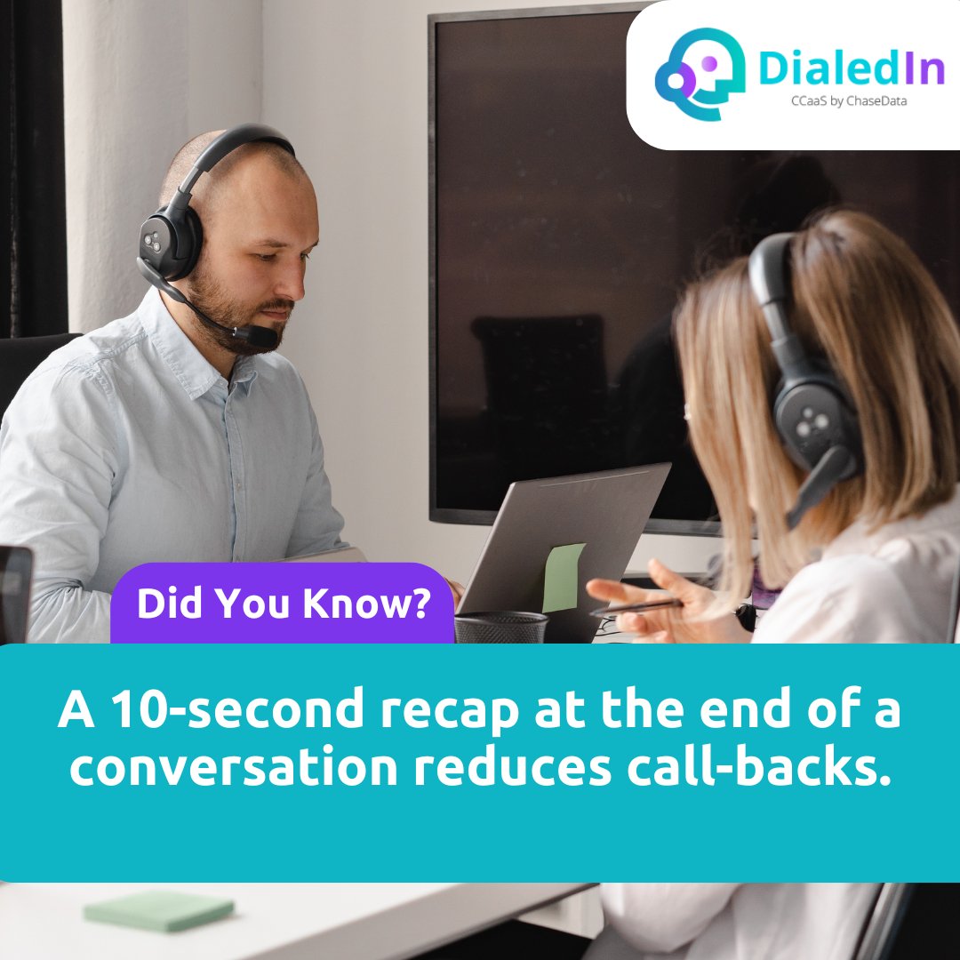 _DialedIn's tweet image. Studies have shown that ending a call with a short summary and what happens next can save a 2nd call. Fewer surprises for customers, fewer follow-ups for your team! hubs.ly/Q03JNgqH0 

#QualityOverSpeed #CCaaS #FCR