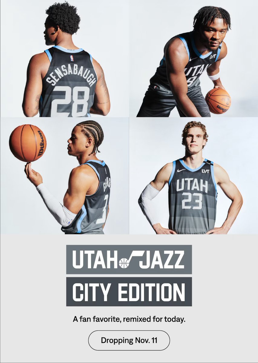 JazzNationNews's tweet photo. The new Utah Jazz City Edition jersey

Thoughts?? 🤔 

Jazz announced today the release of the City Edition jersey, which will be available for purchase starting Nov. 11 at 10 A.M. MT online &amp; in-person at the Team Store inside Delta Center

.
#JazzNation #UtahJazz #TakeNote
#NBA https://t.co/S9Xvvvs6LY