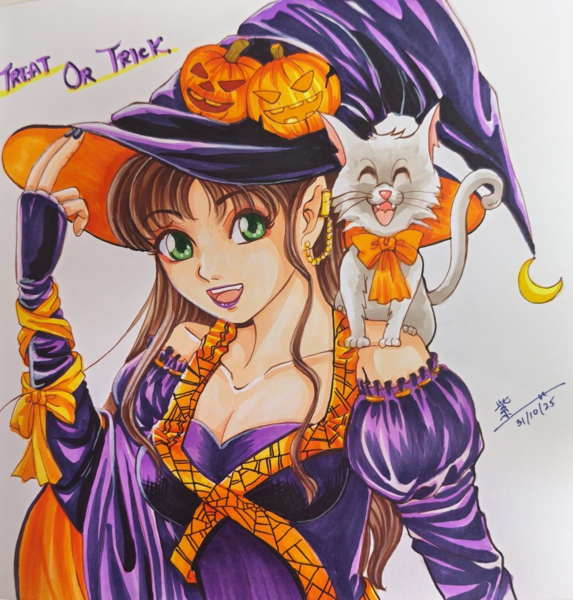 ComixPandora's tweet photo. Happy Halloween 🎃 👻 
Traditional original artwork by Murasaki 
Medium: Copic Ciao
#originalart #copicmarkers #illustrationart #local #tradional #festival #halloween2025 #pumpkin #seasongreetings #cat #witch https://t.co/XAp2XUF66o