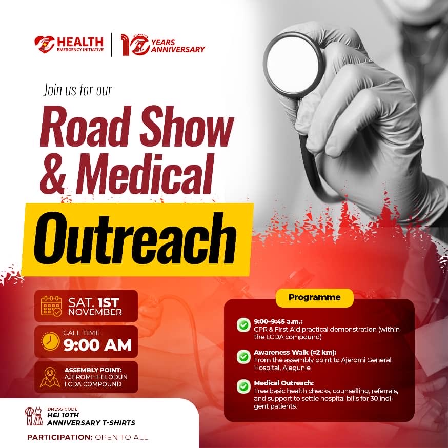 Join us this Saturday for the very first activity which will be a road show and medical outreach in the city of Ajegunle. The goal remains impacting and saving lives and every of our activities across our 10th year anniversary will portray that. This event is opened to everyone